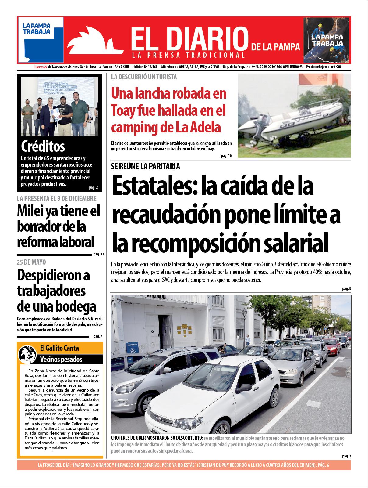 Tapa de El Diario en papel  jueves 27 de noviembre de 2025